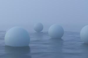 branco bolas flutuando em a lago , 3d Renderização. foto