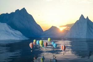 quente ar balão vôo sobre a oceano, 3d Renderização. foto