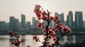 uma Visão do cereja flores com a cidade dentro a fundo ai generativo foto