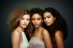 beleza retrato do 3 diverso jovem mulheres do diferente cabelo e pele cor, ai generativo foto