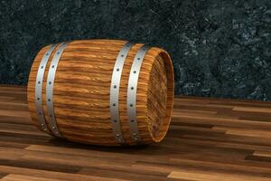 de madeira adega barril com Sombrio ferrugem fundo, 3d Renderização foto