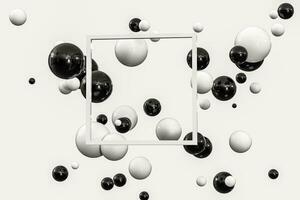 3d Renderização, Preto e branco bolas com quadro, Armação dentro a meio. foto