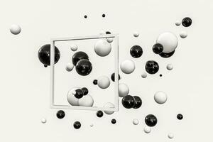 3d Renderização, Preto e branco bolas com quadro, Armação dentro a meio. foto