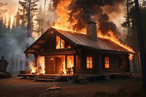 uma ardente fogo consumindo uma de madeira cabine dentro a floresta foto