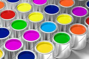a baldes do colorida pintura com branco fundo, 3d Renderização. foto
