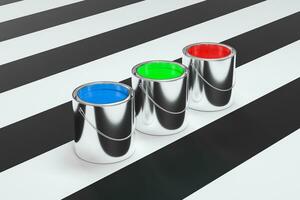 a baldes do colorida pintura com branco fundo, 3d Renderização. foto