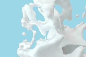 pureza espirrando leite com azul fundo, 3d Renderização. foto