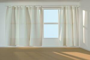 a esvaziar quarto com brilho do sol venha através a cortina, 3d Renderização. foto