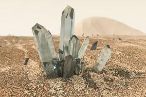 uma grupo do Magia cristal reunir juntos dentro a deserto, 3d Renderização. foto