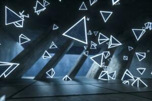 3d Renderização, brilhando Magia triângulos dentro abandonado sala, Sombrio fundo foto