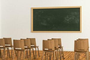 uma Sala de aula com cadeiras dentro e uma quadro-negro dentro a frente do a sala, 3d Renderização. foto