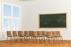 uma Sala de aula com cadeiras dentro e uma quadro-negro dentro a frente do a sala, 3d Renderização. foto