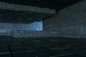 Sombrio ruínas com o circuito textura parede, ficção científica arquitetura fundo, 3d Renderização. foto