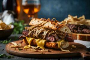 Comida fotografia do uma suculento Hamburger com fresco alface e derretido queijo, perfeitamente empilhado entre dois torrado pãezinhos. foto