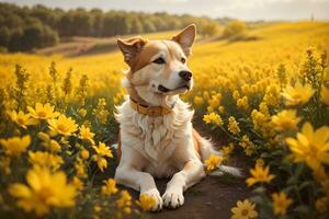uma cachorro é sentado pacificamente dentro uma campo do vibrante amarelo flores foto