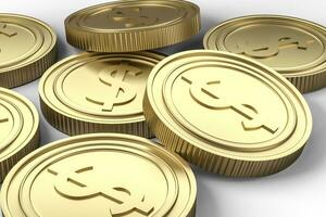 dourado moeda moedas com branco fundo, 3d Renderização foto