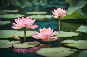 botânico fotografia do uma piscina dentro uma natural contexto, Onde a superfície é adornado com delicado Rosa lótus flores e lírio almofadas. foto