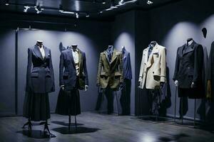 moda fotografia do uma ampla coleção do roupas suspensão dentro uma moderno boutique. foto