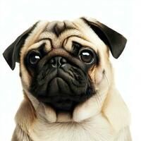 a pug cachorro senta e parece diretamente para dentro a Câmera. triste grande olhos.generativos ai foto