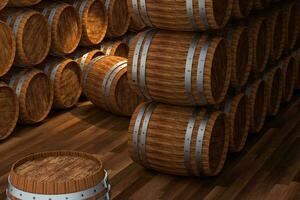 de madeira porão com barris dentro, vintage bebida armazém, 3d Renderização. foto