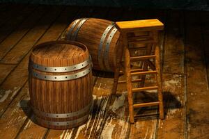 de madeira porão com barris e escada dentro, vintage bebida armazém, 3d Renderização. foto