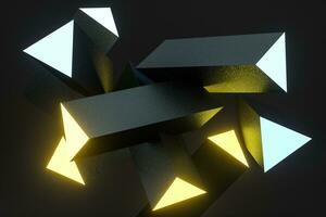 3d Renderização, amarelo brilhando triângulo pilar com Sombrio fundo, foto