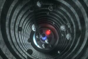 a abandonado volta túnel construção dentro escuridão, com cena do Ciência ficção, 3d Renderização. foto