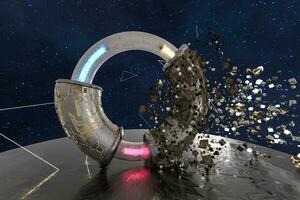 3d Renderização, científico mecânico anel dentro a exterior espaço. foto