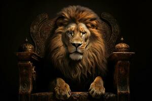 uma real leão sentado em uma trono. generativo ai foto