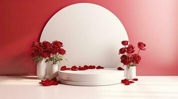 limpar \ limpo vermelho mínimo pódio para produtos apresentação com lindo fresco rosas fundo. generativo ai. foto