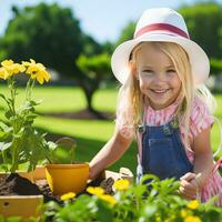 pequeno menina jardinagem em ensolarado dia foto