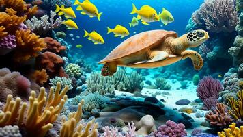 explorando a vibrante embaixo da agua mundo com tartarugas, colorida peixe, e coral recifes ai gerado foto
