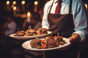 fechar-se foto do garçom carregando pratos com carne prato em alguns festivo evento, festa ou Casamento recepção restaurante ai generativo