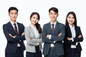 grupo do sorridente ásia jovem o negócio pessoas equipe trabalhos e ficar de pé com braços cruzado bem sucedido juntos idéia conceito, isolado em branco fundo ai generativo foto