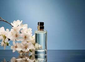 produtos zombar acima Projeto com uma em branco cosméticos garrafa com cereja Flor flores foto