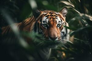 fechar-se do uma sumatra tigre dentro uma selva. ai generativo foto