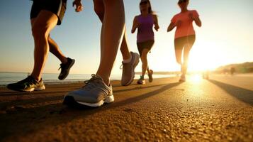 foto do fechar acima pernas corredor grupo corrida em nascer do sol beira-mar trilha ai generativo
