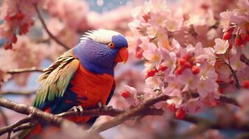 arco Iris Lorikeet uma árvore ramo com a branco flores, denso flores ai generativo foto