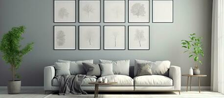 minimalista vivo quarto com pastel Preto e metálico prata cor 8 quadros em a parede mobília e plantas ing poster galeria parede foto