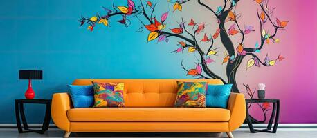 colorida papel de parede dentro uma vivo quarto contém uma sofá foto