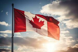 canadense bandeira acenando dentro a vento contra azul e laranja céu com sol, Canadá bandeira ao ar livre acenando, ai gerado foto
