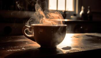 quente café vapores em uma de madeira mesa, criando uma acolhedor atmosfera gerado de ai foto