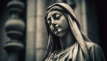 uma sereno mulher ora às uma famoso gótico estilo ao ar livre monumento gerado de ai foto