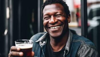 africano americano homem sentado ao ar livre, sorridente, segurando uma bebida, olhando confiante gerado de ai foto