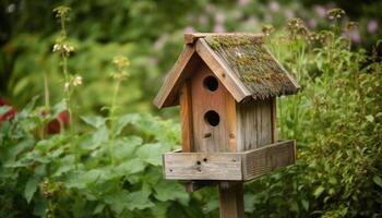 uma fofa Casa de passarinho em uma árvore ramo dentro uma verde floresta gerado de ai foto