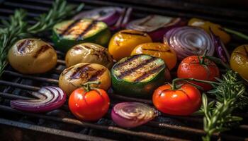 grelhado churrasco vegetais, fresco e saudável, cozinhou ao ar livre em carvão gerado de ai foto