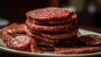 uma prato do gourmet carne, fresco e defumado, pronto para comer gerado de ai foto