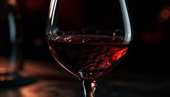 luxo copo de vinho derramando vermelho vinho em elegante mesa às celebração gerado de ai foto