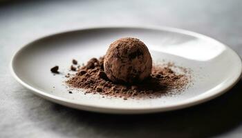 uma gourmet sobremesa Sombrio chocolate Brigadeiro bola com cacau pó gerado de ai foto