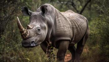 africano rinoceronte pastar dentro a região selvagem, olhando às Câmera, comendo gerado de ai foto